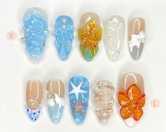 Ocean Theme Press On Nails: 3D Starfish, Shells, and Flowers