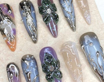 Uñas postizas cromadas con degradado místico: flores negras 3D, estilo elegante y brujo