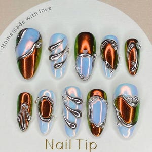 Aurora Chrome Press On Nails: Silver Swirl 3D Nail Art