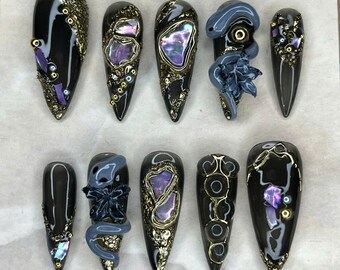 Luxury Black Snake Press On Nails: Gold Mirror Abalone, Gothic Glam