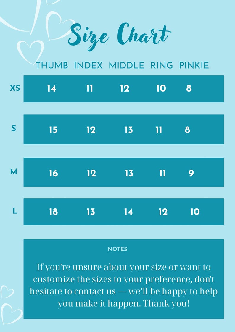 Puede incluir: Una tabla de tallas turquesa con el t&iacute;tulo "Size Chart" en escritura cursiva. La tabla enumera las tallas XS, S, M y L, con las medidas correspondientes para el pulgar, el &iacute;ndice, el medio, el anular y el me&ntilde;ique. Una nota al pie proporciona informaci&oacute;n de servicio al cliente.