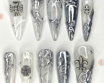 Chrome Silver Press On Nails: 3D Swirl Gothic Charms, Mirror Effect