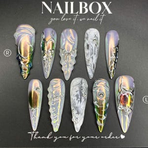 Iridescent Chrome Press On Nails: Silver Veins, Mirror Finish, Handmade