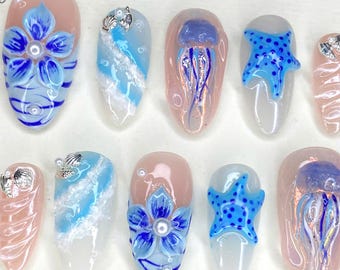 3D Floral Ocean Press On Nails: handgemaakte strandnailartset