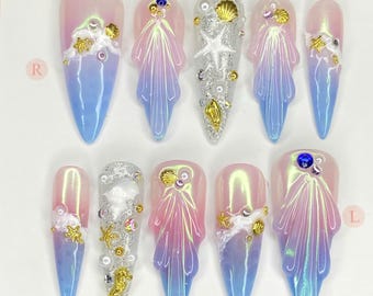 Uñas postizas de sirena: degradado rosa y azul, concha y estrella de mar