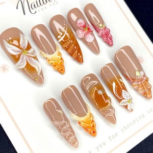 Elegant 3D Floral Long Almond Press On Nails, Handmade Gel False Nails for Wedding, Gift for Her, Custom Nails, Daily Nails.