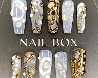 Gold & White 3D Textured Press On Nails: Elegant Pearlescent Accents