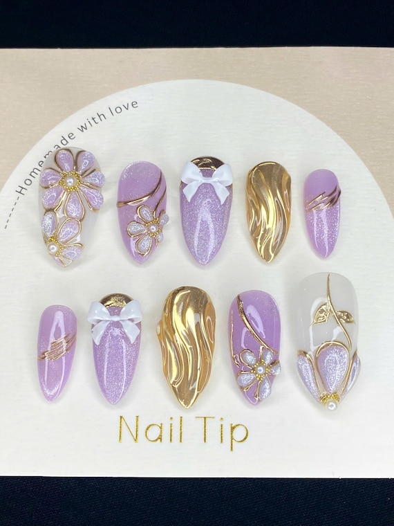 Purple Cat Eye Press On Nails: 3D Floral Gold Chrome Nail Art