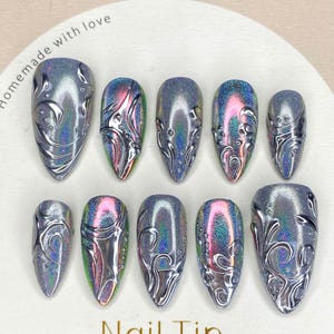 Holographic Chrome Press On Nails: Silver 3D Swirls, Iridescent Mirror Finish