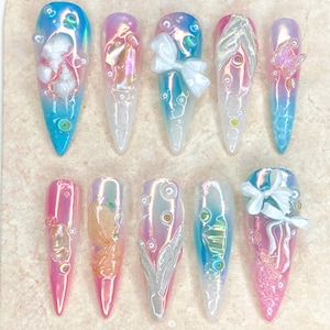 Handgefertigte Ombre Perlen Nagel Set: 3D Ocean Charms, Hochzeit & Events