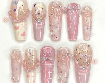 Rosa Prinzessin Press On Nails: Glitzer-Bogen-Brautnagel-Kunst