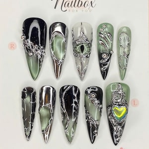Witchy Cat Eye Stiletto Press On Nails: Gothic Black Chrome with Silver Texture