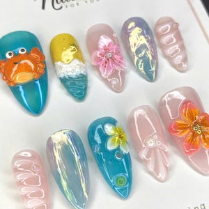 Summer Ocean 3D Press On Nails | Beach Crab and Floral Nail Art | Handmade Summer Nails for Vacation and Tropical Vibes, Cute Nails.