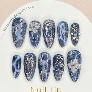 Dark Blue Cat Eye Press On Nails with 3D Flowers and Silver Chrome Swirl Design – Luxury Handmade Nail Art Set.