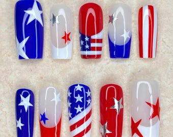 Bandeira Patriótica Americana Press On Nails: 4 de Julho Vermelho, Branco e Azul