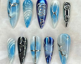 Blue Ombre Cat Eye Chrome Nails • Luxury Metallic Press On Set.