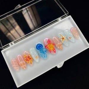 Ongles à presser 3D Ocean : ongles d'été faits main sur le thème de la plage