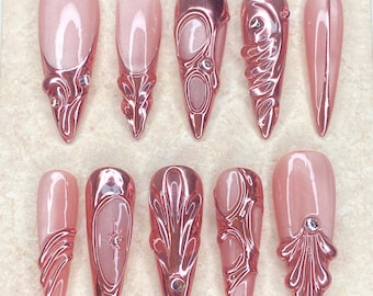Pink Chrome Cat Eye Press On Nails: 3D Sculpted Almond Luxury Nail Art