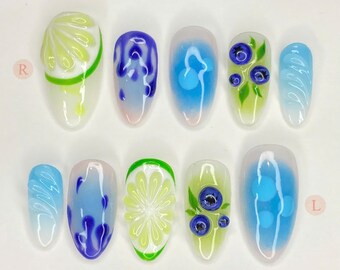 ブルーベリーレモンオンブルプレスオンネイル：3Dフルーツネイルアートセット
