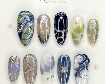 Uñas postizas de mármol abstracto hechas a mano: puntas reutilizables con detalles cromados