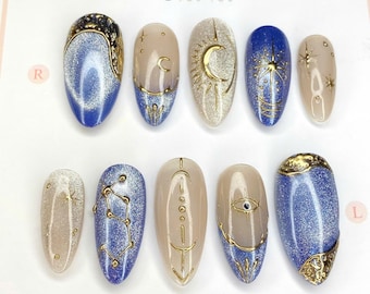 Blue Cat Eye Press On Nails: Gold Chrome Celestial Nail Art