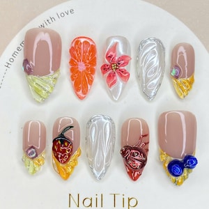Handmade Fruit Nail Art Set: 3D Flowers, Ladybug Press On Nails