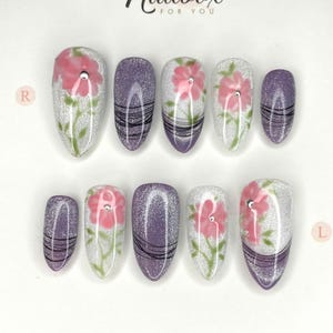 Handmade Purple Glitter Press On Nails: Pink Floral Nail Art