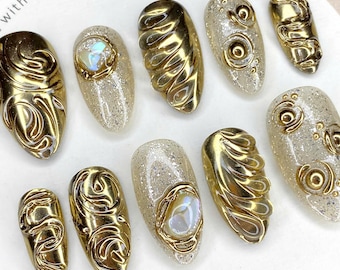 Gold Chrome Press On Nails: 3D Swirls, Glitter & Shell Accents