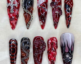 Red Black Gothic Press On Nails: Creepy Stiletto Halloween Nail Art