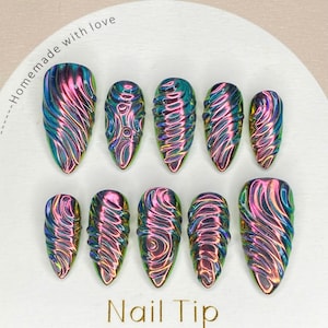 Aurora Chrome Cat Eye Drücken Sie auf die Nägel: 3D-Welle irisierende Nail Art