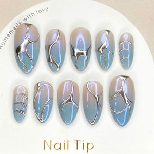 Ombre Chrome Press On Nails: Silver Metallic Line Nail Art