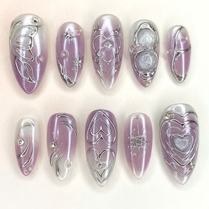 Purple Ombre Chrome Press On Nails: Silver 3D Mirror Art
