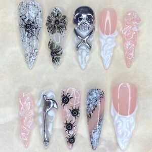 Gothic Stiletto Press On Nails: Skull, Spider & 3D Flower French Tips