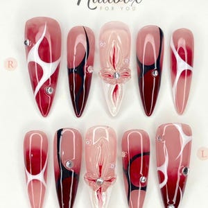 Wine Red Ombre Press On Nails: 3D Flower Rhinestone Handmade Nail Art