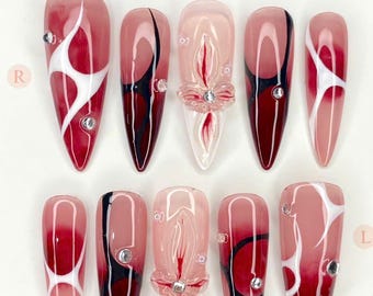 Wine Red Ombre Press On Nails: 3D Flower Rhinestone Handmade Nail Art