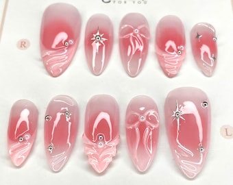 Uñas postizas ombré rosas hechas a mano: juego de uñas estilo ataúd con lazo 3D y diamantes de imitación