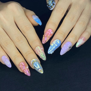 Iridescent Press On Nails: 3D Butterfly Mirror Chrome Nail Art