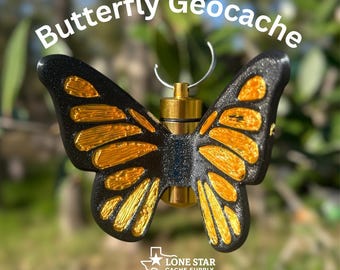 Géocache papillon couleur or | Conteneur de géocaching en tube de bison imprimé en 3D fait main