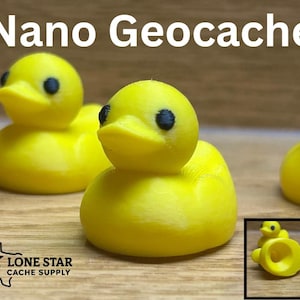 May include: Yellow duck-shaped nano geocaches with black eyes and beaks. The image includes the text "Nano Geocache" and the Lone Star Cache Supply logo. A small inset shows the cache disassembled.