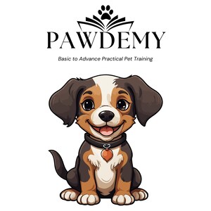 May include: A cartoon illustration of a smiling puppy with brown, black, and white fur, wearing a black collar with a heart-shaped tag. The logo above reads "PAWDEMY" with the tagline "Basic to Advance Practical Pet Training."