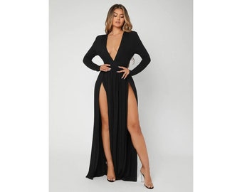 Black Low-cut Dress with Slits-Long Dress with Slits-Black Low-cut Dress-Elegant Women Dress-Evening Dress-leg slit dress-women sexycostumes