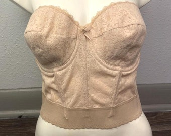 Vintage Tan Bustier by Jezebel Renee of Hollywood - 1980's Plastic Boned Corset Style Top - Lace Bustier - Retro Pin Up Style Top Size 36D