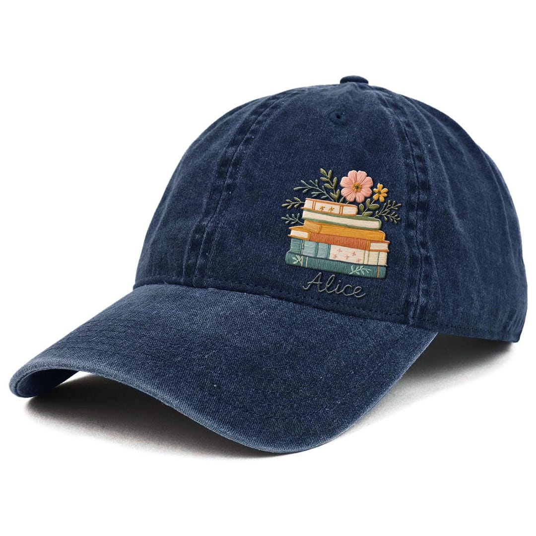Personalized Embroidered Stack of Books With Flowers Baseball Cap ...