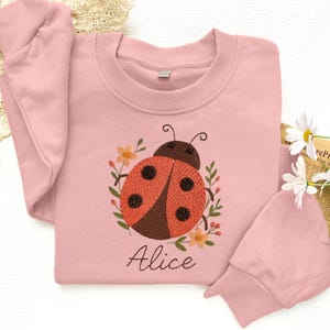 Personalized Name Ladybug Embroidered Sweatshirt, Custom Embroidered Sweatshirt, Flower Embroidered shirt, Ladybug Gift, Ladybug Shirt
