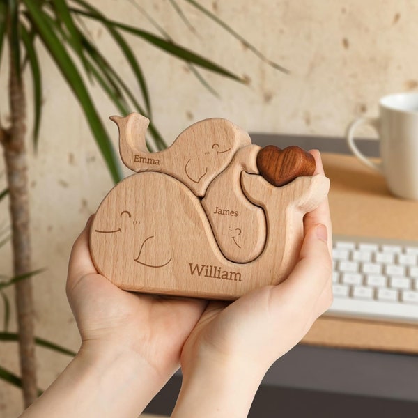 Personalized Engraved Wooden Whales Family Puzzle, Keepsake Family Puzzle Memories Home Decor for Mother's Day Gift, Standable Decorations