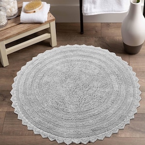 Round Cotton Bath Mat | 30&quot; Reversible Crochet Border Bathroom Rug | Handmade Washable Rug | Bath Décor