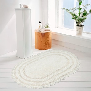ivory  Crochet Bathroom Rug Runner - Reversible Bath Mat - 100% Cotton - Medium Plus Oval 24x36