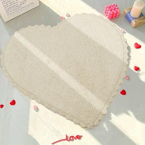 Ivory Heart Bath Mat: Handmade Cotton Crochet Rug, Plush Washable Bathroom Decor