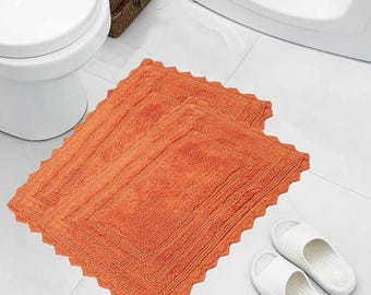 Bath Mats Set of 2 | Cotton Bathroom Runner Rug | Washable Non-Slip Rectangular Small Bath Mats (18"×26"+18"×26") Rust