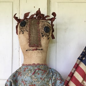 MADE TO ORDER Primitive Patriotic Raggedy Ann Doll with Flag and Star Pendant Burlap Nose Annie Doll Handmade Americana Raggedy Ann Doll